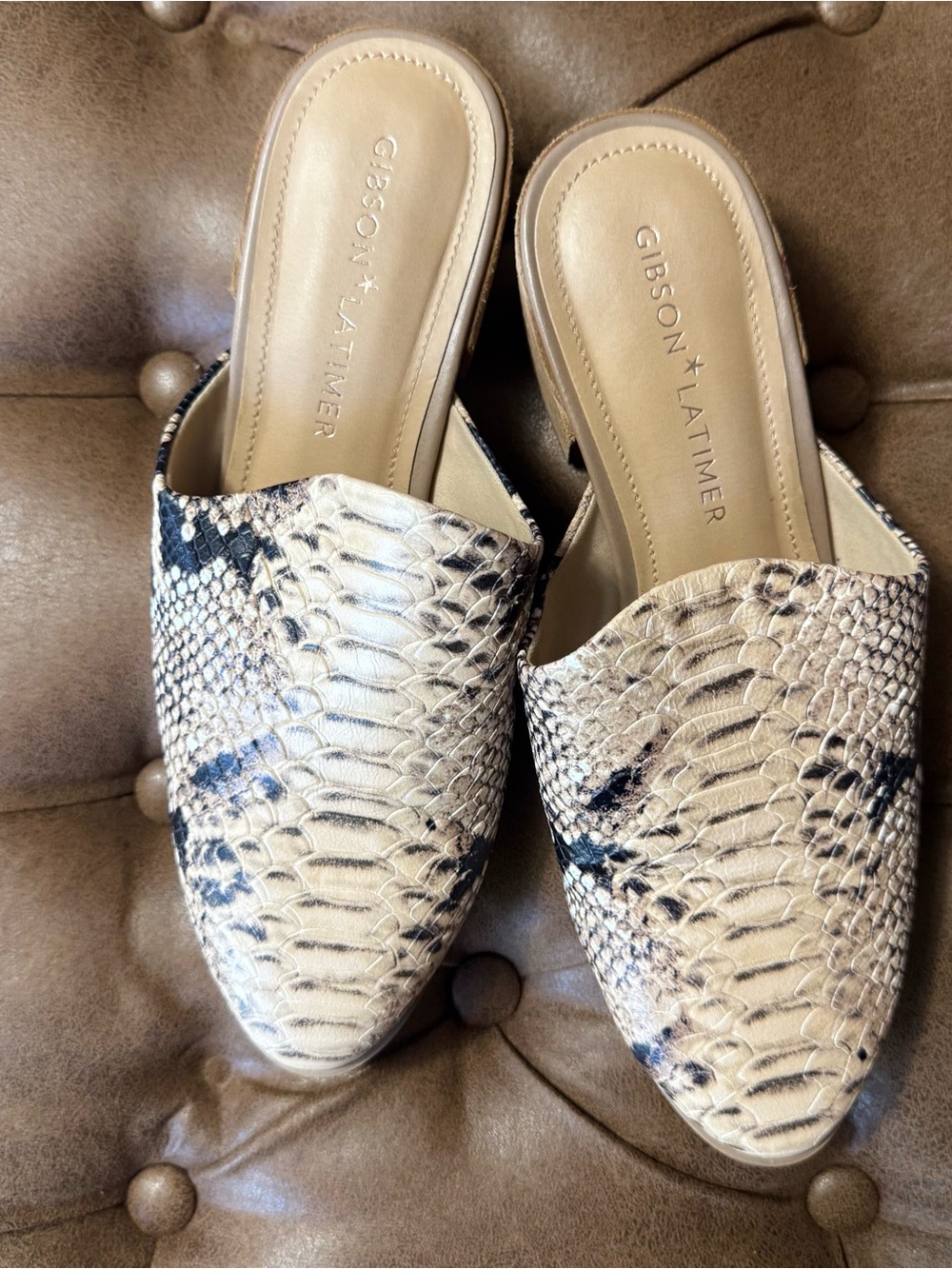 Gibson Latimer Beige Snake-Print Slip-On Mules with Black Accents